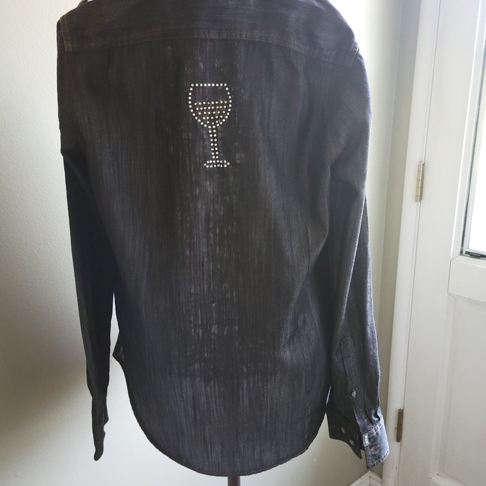 Upcycled denim shirt with wine glass
